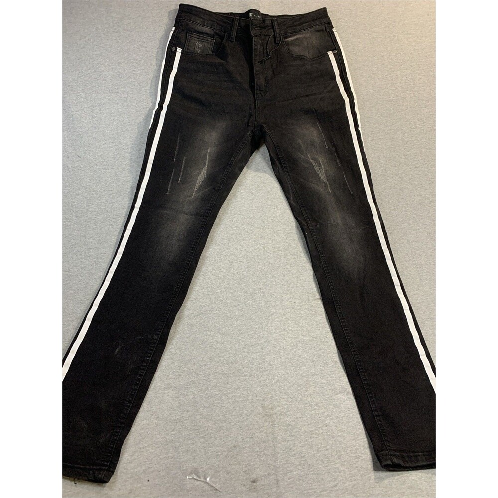 Waimea Men's Skinny Fit Black Jeans Distressed White Stripes Size 32 Trousers